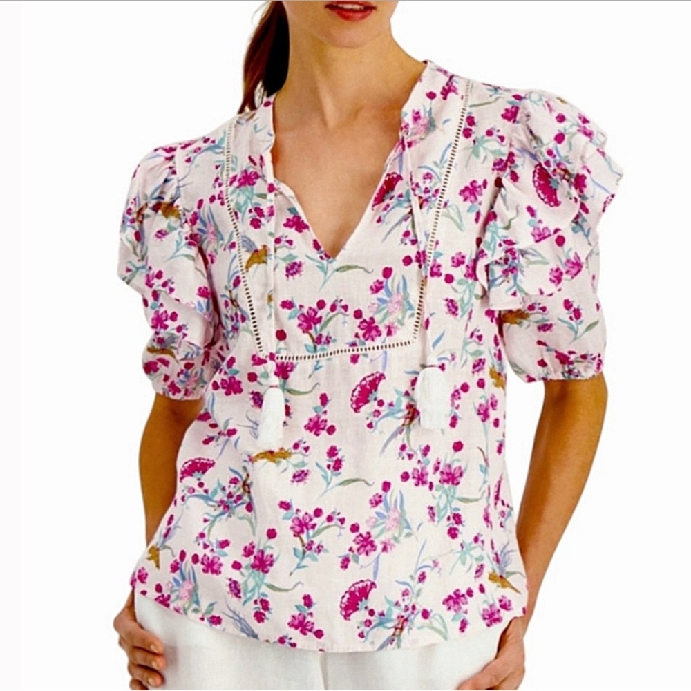 Charter Club Luxury Linen pink ruffle top EUC size Large